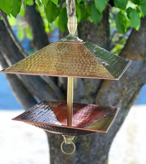 Beautiful Easy Fill Copper & Bras Square Bird Feeder with copper top and bottom with brass accents