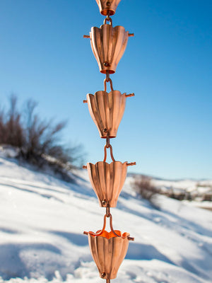 Fluted Copper Cups Rain Chain in winter