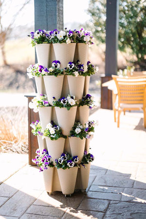 Original 5-Tier GreenStalk Vertical Planter in Stunning Stone with purple flowers