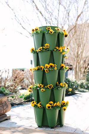 Original 5-Tier GreenStalk Vertical Planter in Evergreen with yellow flowers