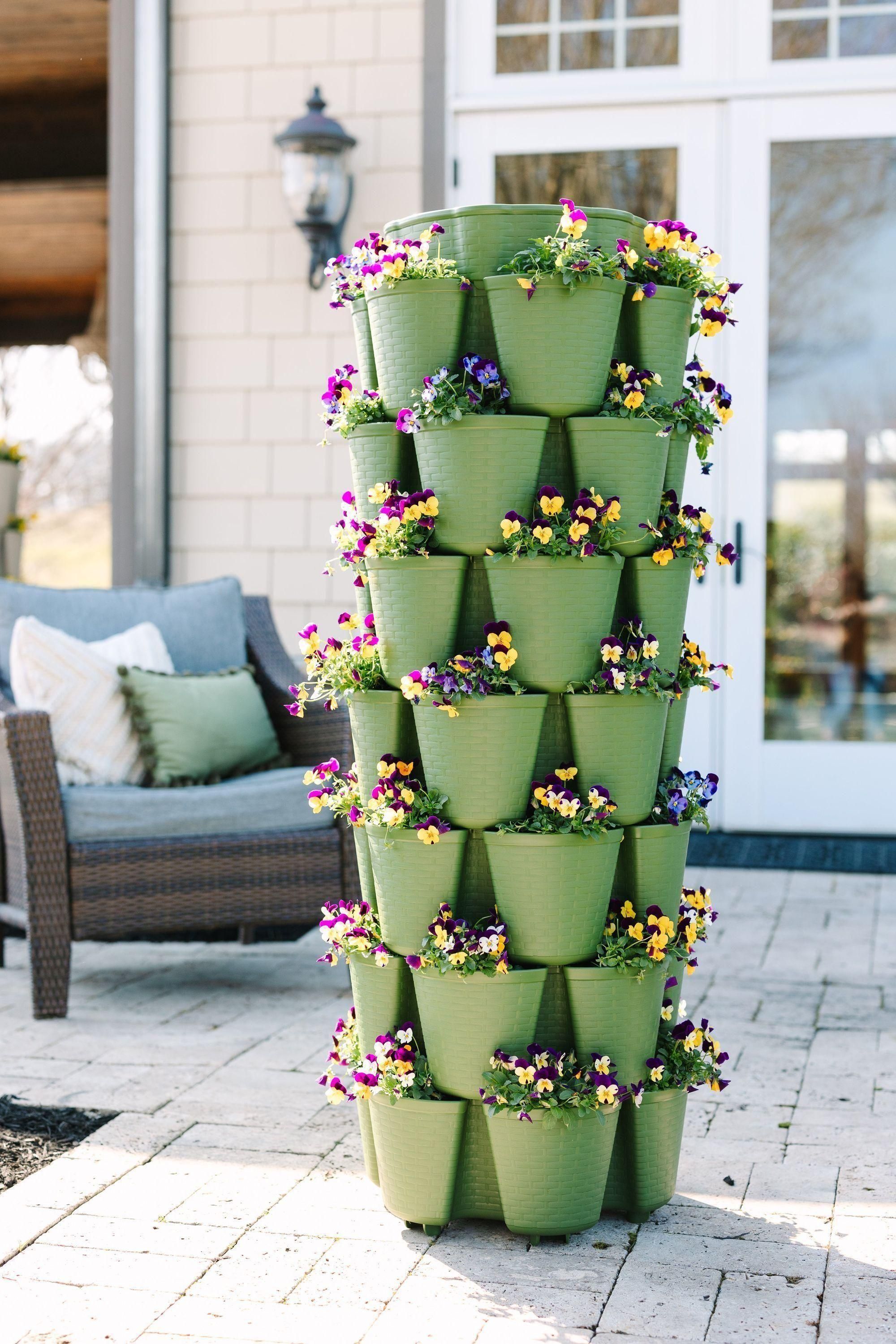 plastic tiered planter 7 Tier GreenStalk Garden Leaf Vertical Planter - Basket Weave Texture Evergreen