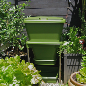 This is a photo of the Hungry Bin in a garden surrounded by plants.
