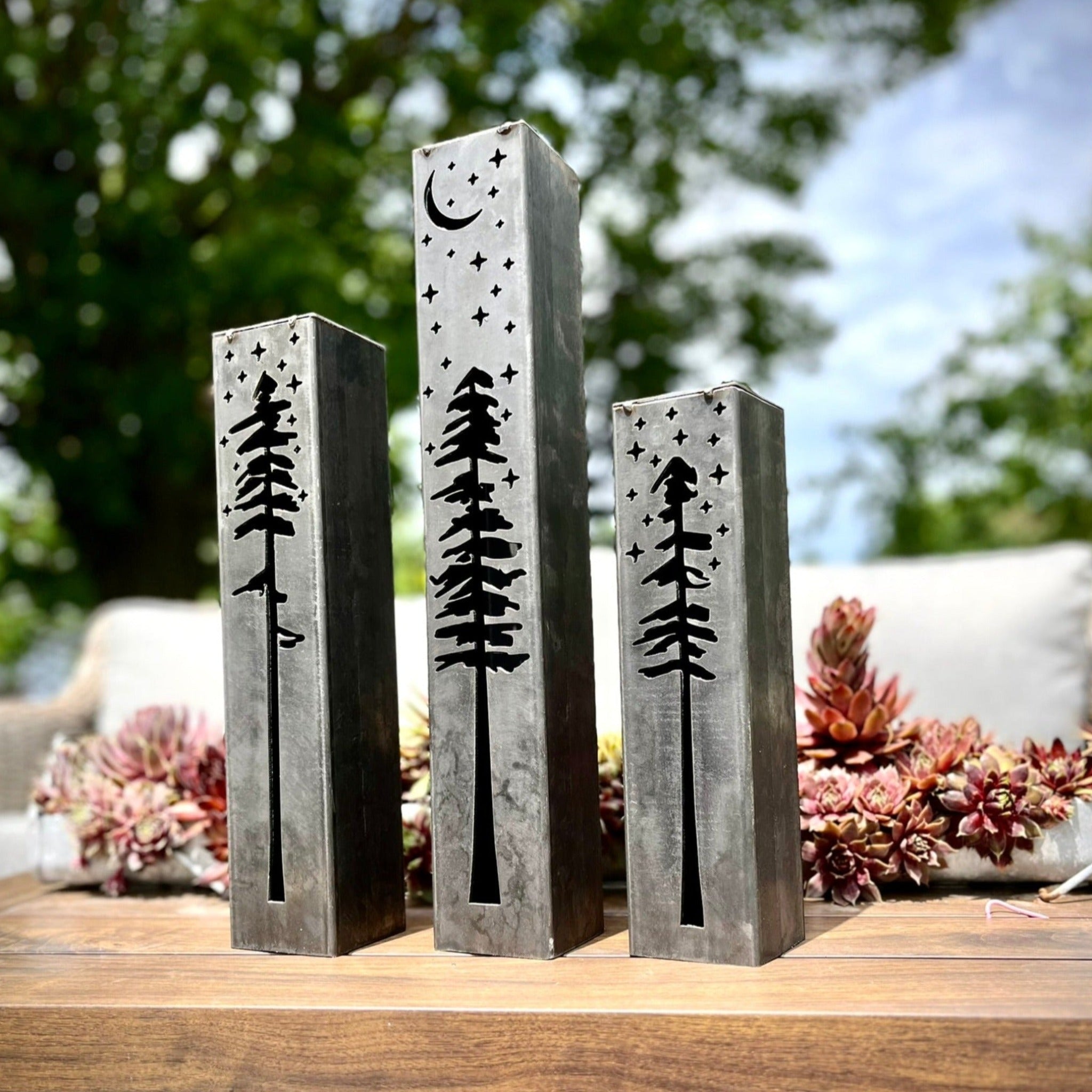 Pine Tree Night Sky Luminary Pillars w/ Solar Cap