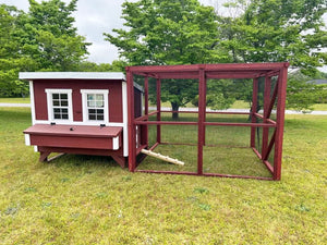 8 foot wooden chicken run in red attached to OverEZ chicken coop