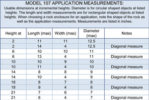 Medium Tall Profile Faux Rock Model 107 application measurements