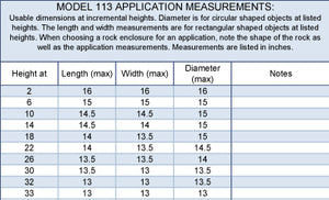 Pedestal Faux Rock Model 113 application measurements