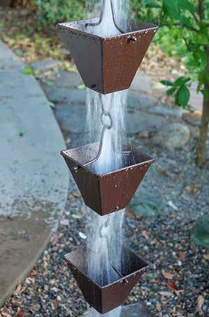 Extra Large Bronze Square Cups Rain Chain with water flowing through multiple cups