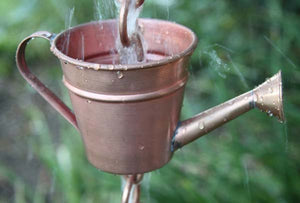 Watering Can copper Cups Rain Chain with water flowing through watering can shaped cup