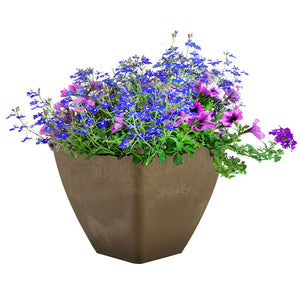 close up photo of 12 inch square garden planter in oak color with flowers
