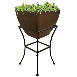 16 inch square garden planter in oak color with green plant and black stand