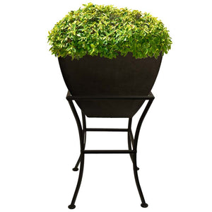 16 inch square garden planter in graphite color with green plant and black stand