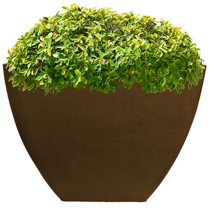 16 inch square garden planter in oak color with green plants