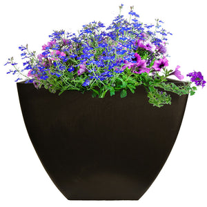 16 inch square garden planter in graphite color with flowers