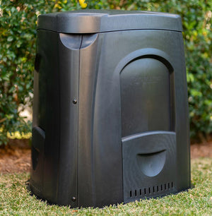 63 gallon compost bin from Tumbleweed in a yard