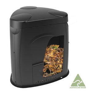 63 gallon compost bin showing "Australian Made" logo and compost inside the bin