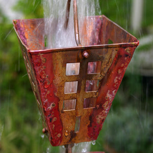 Arts & Crafts Copper Square Cups Rain Chain with water flowing through cup