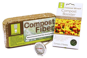 Coco fiber, compost booster, and thermometer