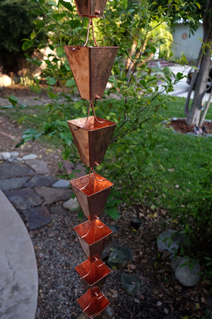 Full length image of Large Tapered Cup style rain chain in Copper