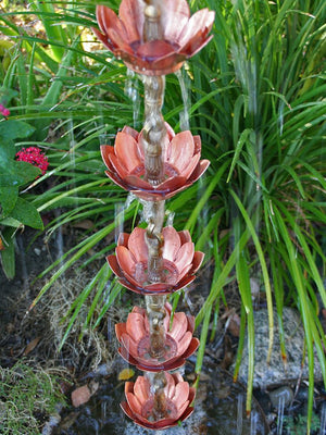Copper Double Lotus Rain Chain with water flowing through cups