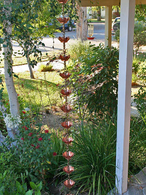 Double Lotus copper flower Rain Chain with on house