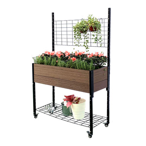 Elevated Mobile Planter with Trellis & Under Shelf 