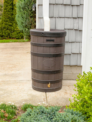 Rain Wizard American Oak with Darkened Ribs under downspout