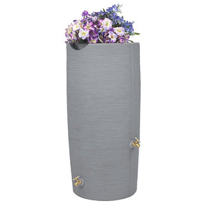 Impressions Stone 50 Gallon Rain Saver in Light Granite with flowers in top