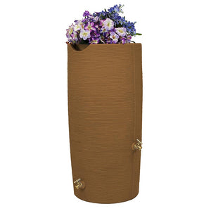 Impressions Stone 50 Gallon Rain Saver in Terra Cotta with flowers in top