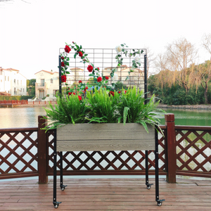 Elevated Mobile Planter with Trellis & Under Shelf on deck