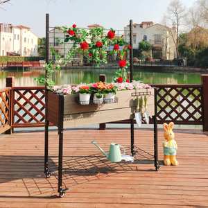 Elevated Mobile Planter with Trellis & Under Shelf on Deck