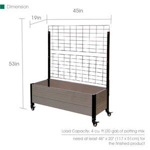 Deckside Planter with Wheels & Trellis dimensions