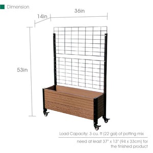 Trough Planter with Wheels & Trellis Dimensions