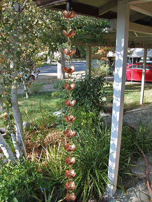 Full length view of Tara Flower Copper Cup Style Rain Chain