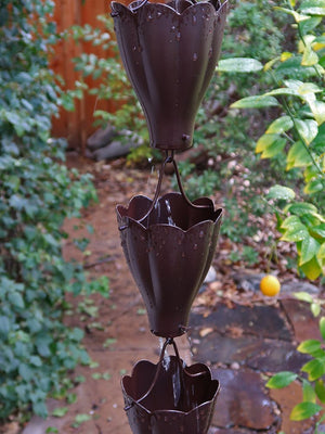 Bronze Extra-Large Scallop Cups Rain Chain after rainstorm