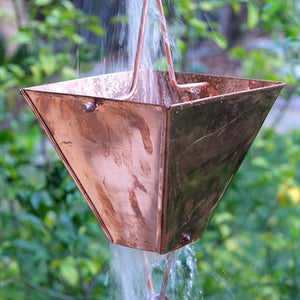 Extra Large Copper Square Cups Rain Chain with water flowing through cup