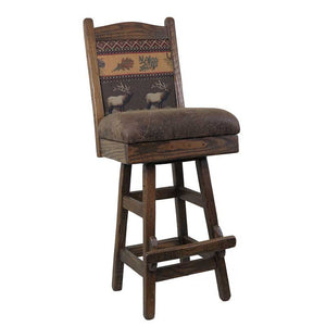 Barnwood Swivel Bar Stool Upholstered Back & Leather Seat - 24" or 30"