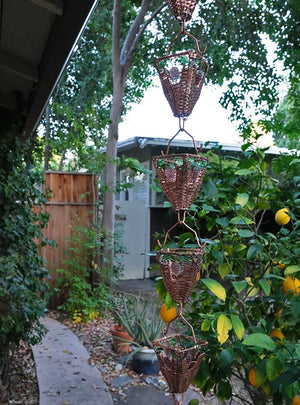 Grape Basket & Glass Cups Rain Chain made with glass and copper hanging from gutter
