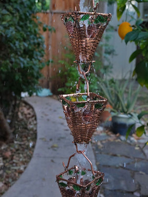 Grape Basket & Glass Cups Rain Chain with water running through multiple cups