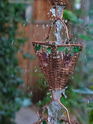 Grape Basket & Glass Cups Rain Chain made with glass and copper in rainstorm