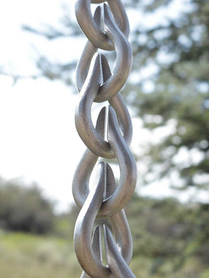 Cast Aluminum Droplet Rain Chain in clear powder-coated aluminum