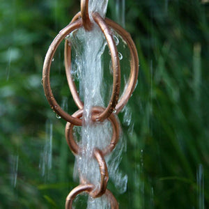Closeup of copper Circles Link Rain Chain with water running through links