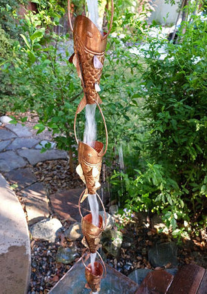 Fancy Koi fish shaped Rain Chain with water running through multiple cups