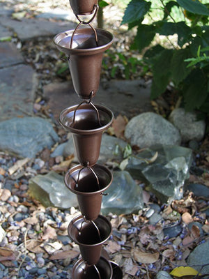 Flared Cups Rain Chain in Bronze top view of multiple cups