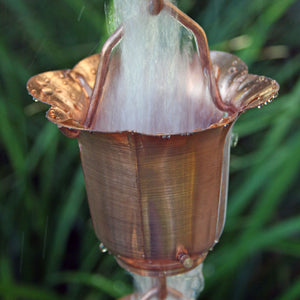 Copper Flower Cups Rain Chain with water flowing through cup