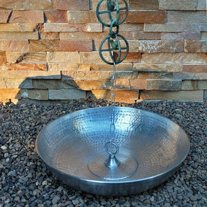 hammered aluminum dish with loop under Rain Chain