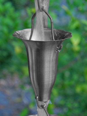 Aluminum Honeysuckle Rain Chain with water running through cup