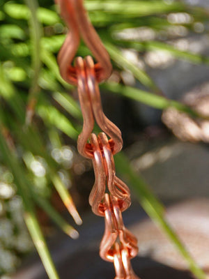 top side view of Infinity Link Rain Chain in copper