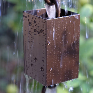 Square Kenchiku Aluminum Bronze Rain Chain with water running through cup
