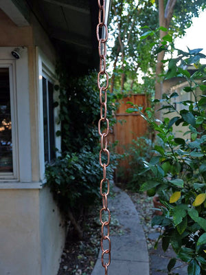 full length view of Large Copper Link Rain Chain