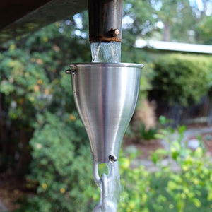 Aluminum Link Chain Reducer with water flowing through from gutter